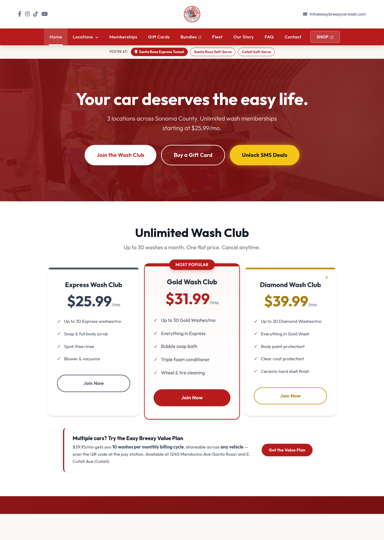 Screenshot of the Easy Breezy Car Wash homepage built by Willhite Strategy Group